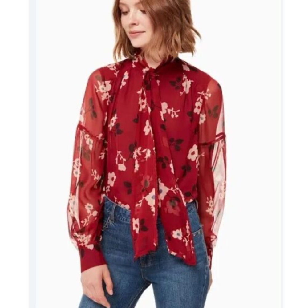 KATE SPPADE Deep Russet Camelia Silk Button Down Long Sleeve‎ Top Sz XXS